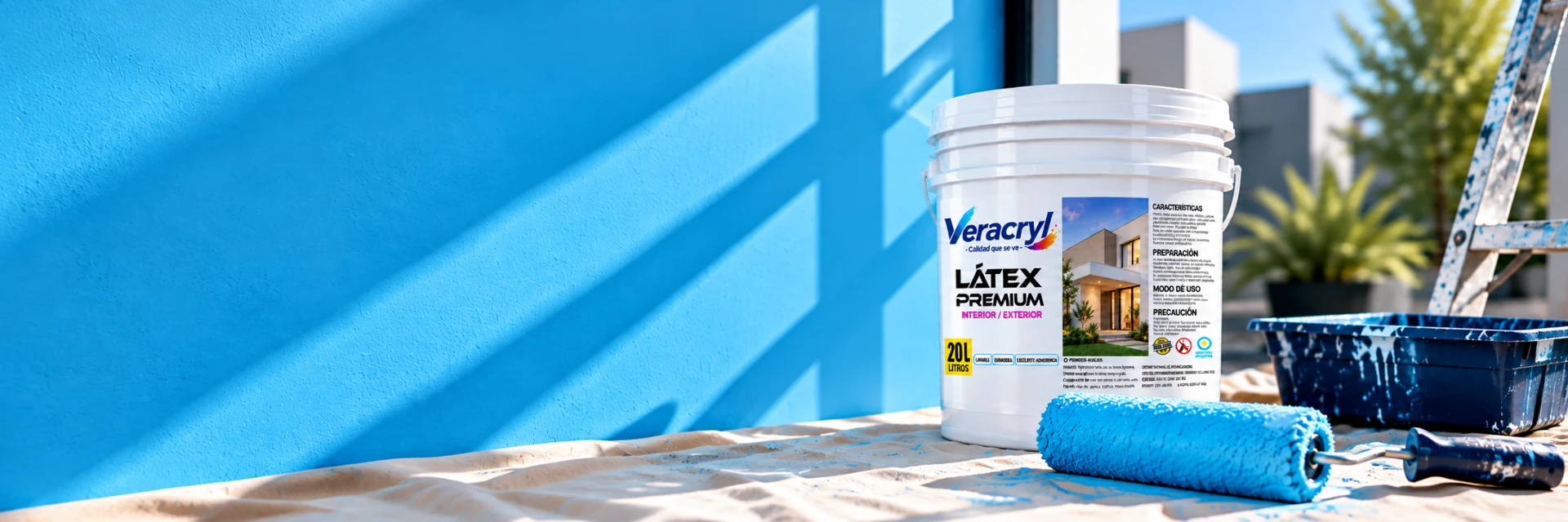 Balde de Látex Premium Veracryl 20L con un rodillo y una bandeja con pintura celeste, frente a una pared azul recién pintada durante una renovación al aire libre